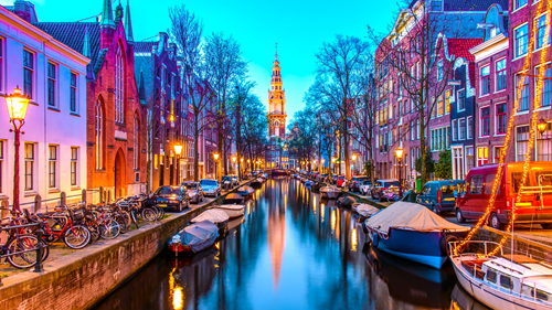 Canal at dusk in Amsterdam